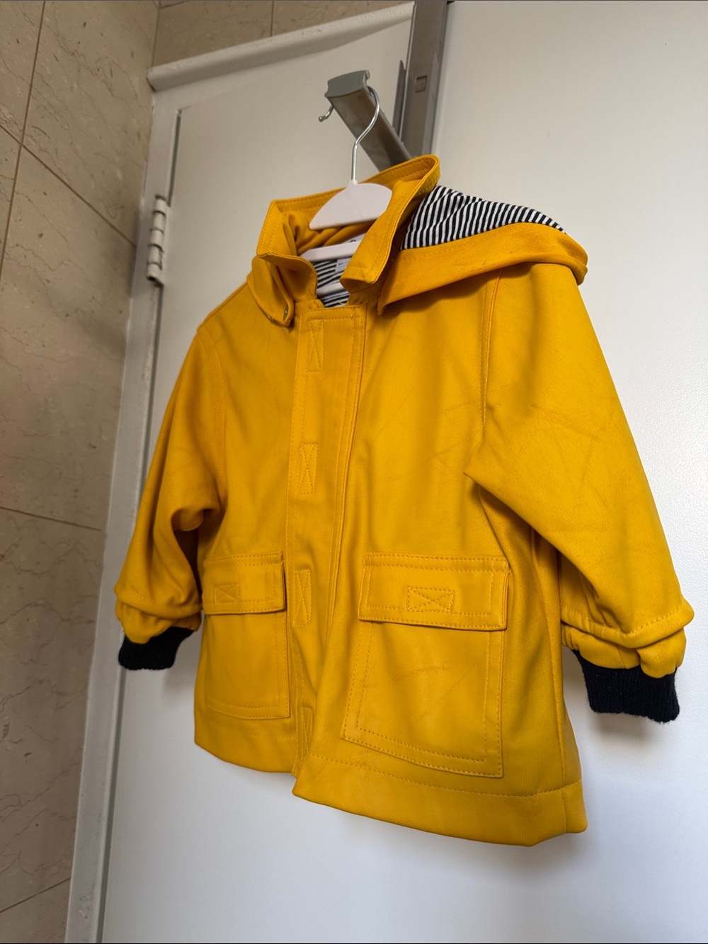 Petit Bateau Yellow Hooded Kids' Raincoat with Striped Lining